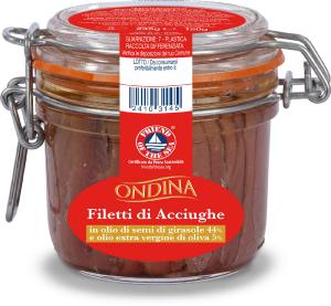 Filetti di acciughe in olio di semi di girasole 44% e olio extra vergine di oliva 5%