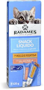 Snack liquido con pollo e fegato/con salmone per gatti